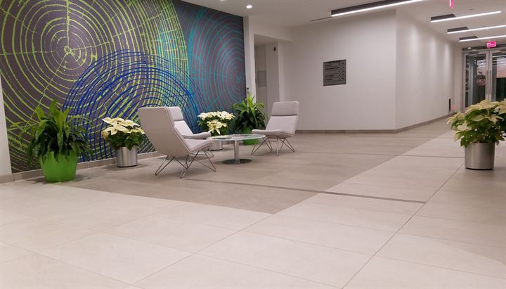 Bright office reception area with large-format floor tile and a contrasting border